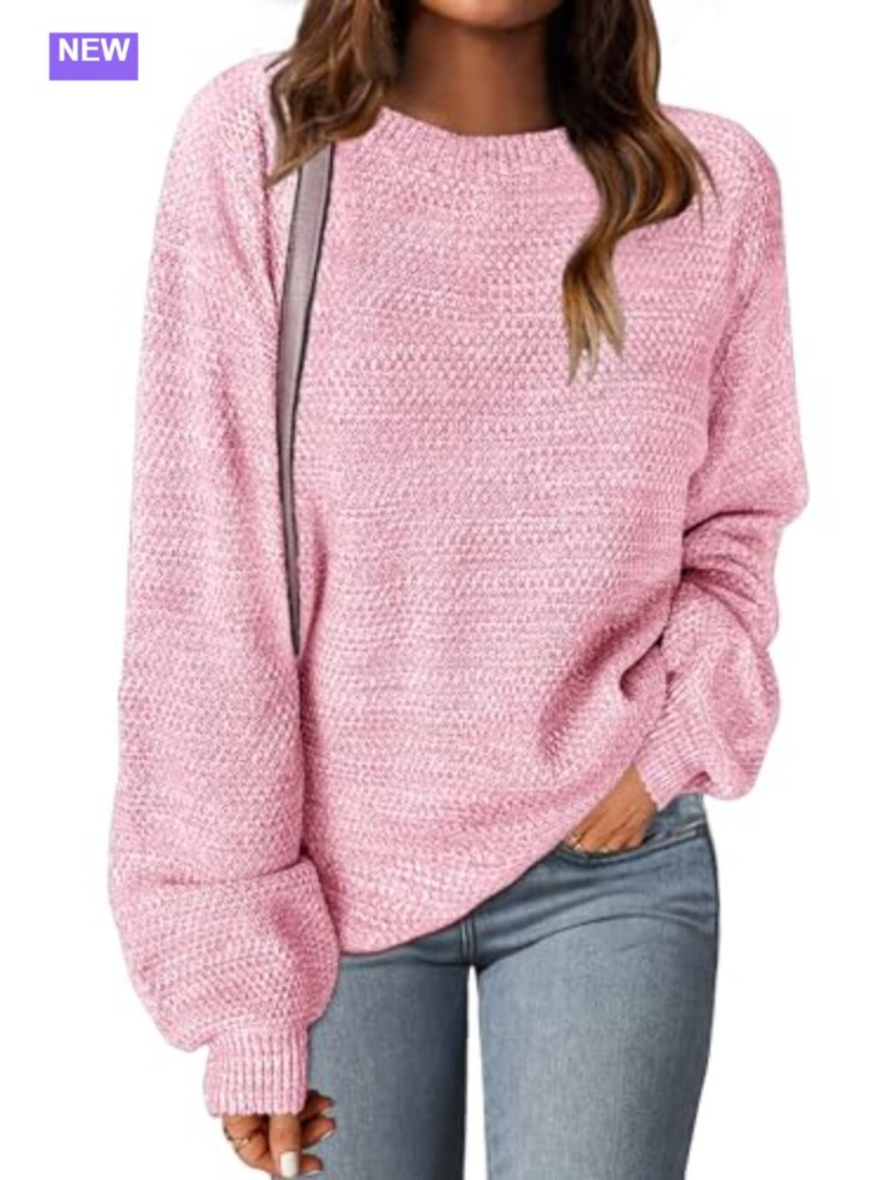Womens Cozy Heathered Knit Loose Pullover Sweater Lantern Sleeve